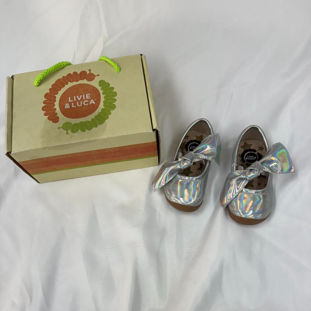 Livie & Luca Halley Disco Shimmer Mary Janes  with Bow Accent, Silver Iridescent